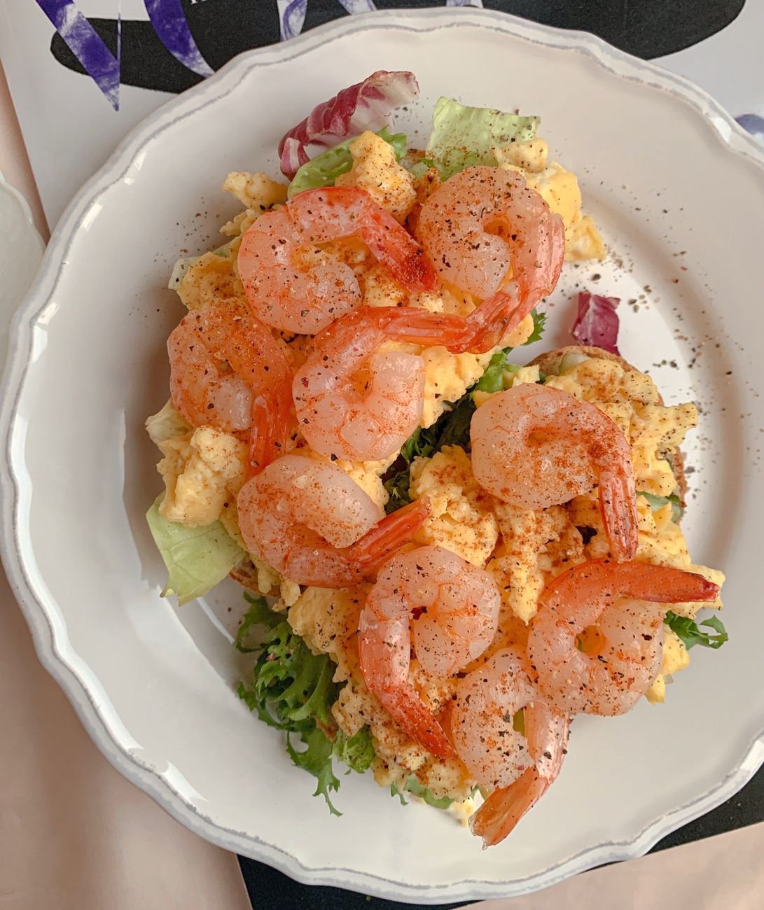 a Southern brunch plate of shrimp and eggs