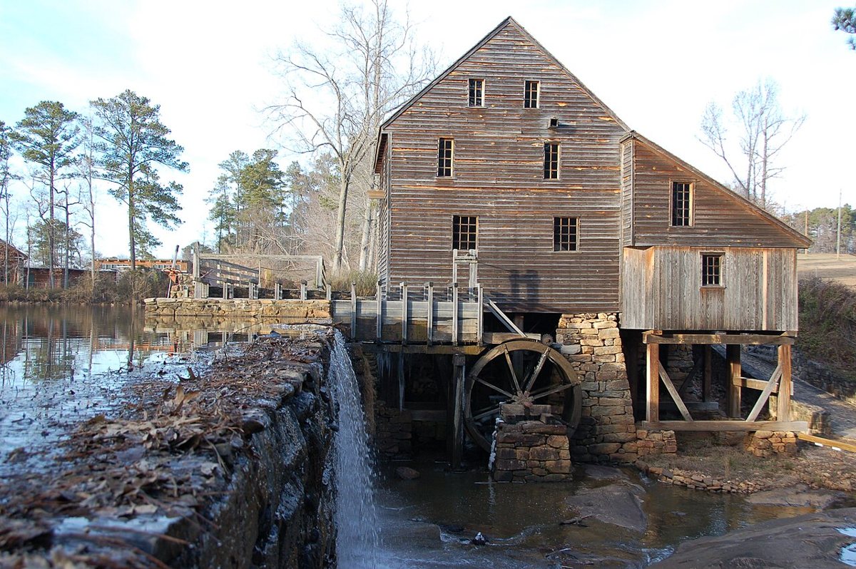 the restored 18th-century gristmill at Historic Yates Mill County Park