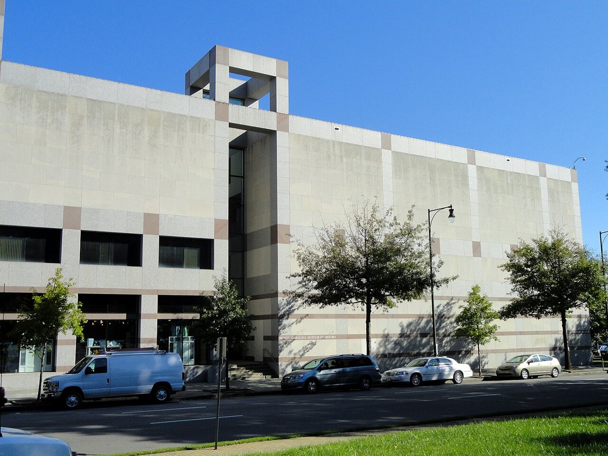Facade of the North Carolina Museum of History on Bicentennial Plaza in downtown Raleigh