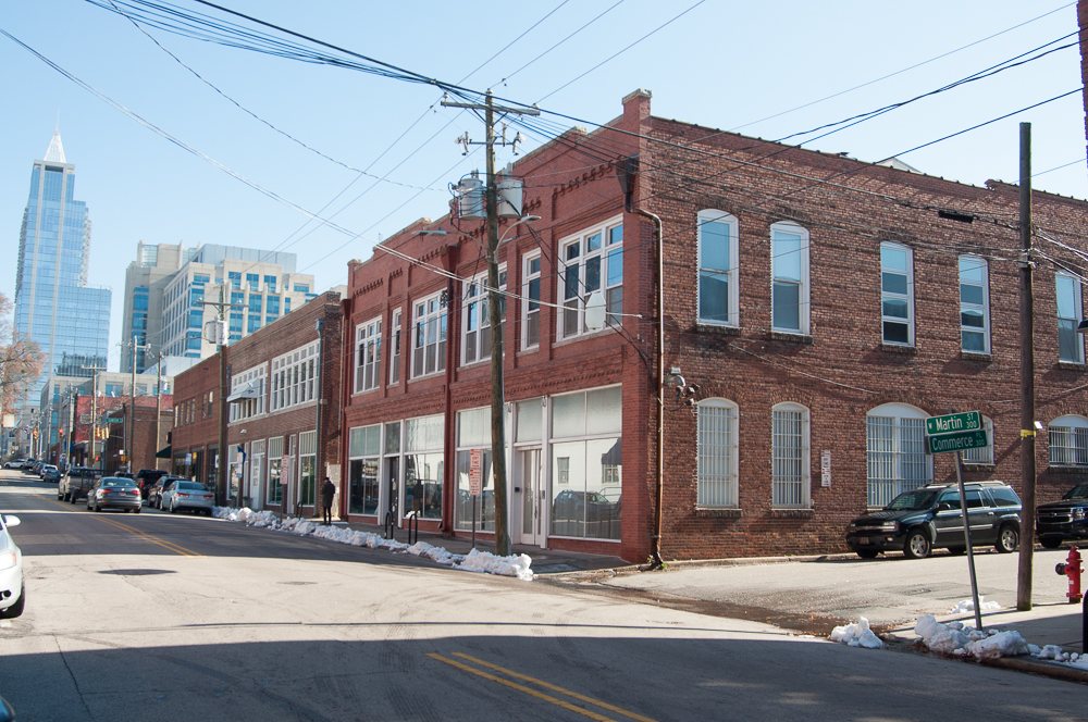 Warehouse District Raleigh brick buildings and lofts on a downtown street
